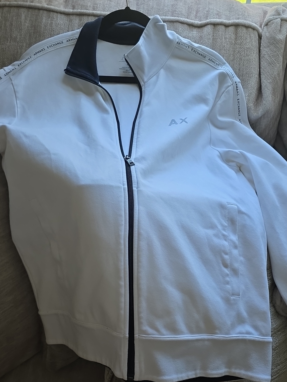 Armani Exchange White Lightweight Full-Zip Jacket with Black Trim